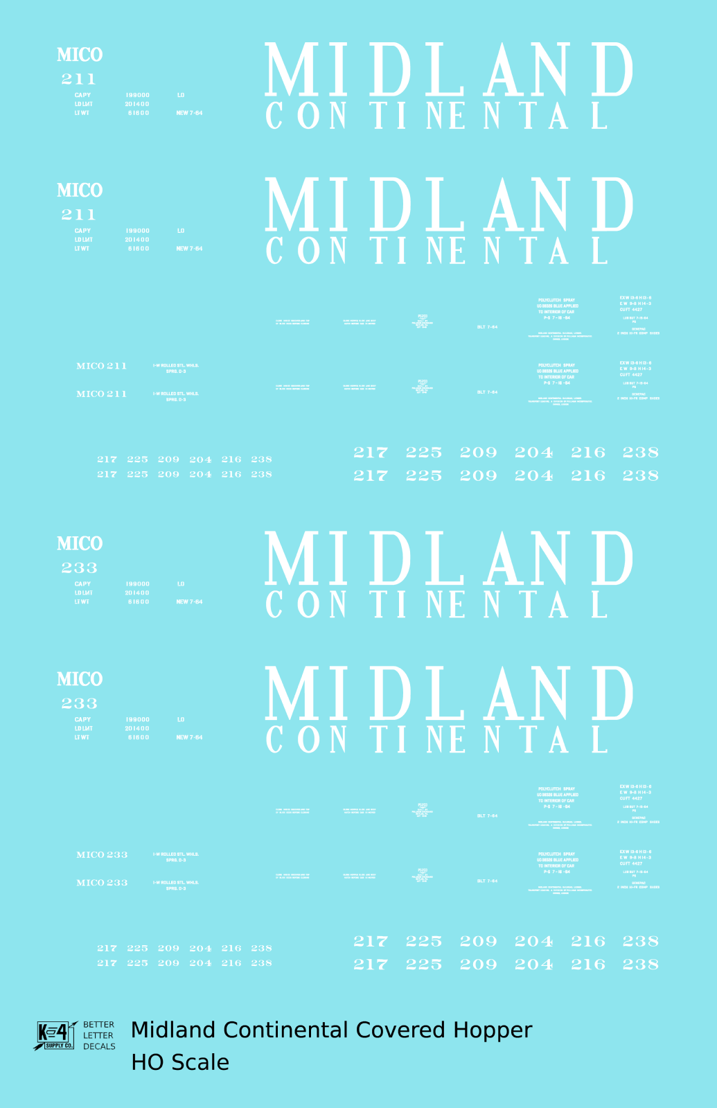K4 HO Scale Decals Midland Continental Railway PS Covered Hopper White