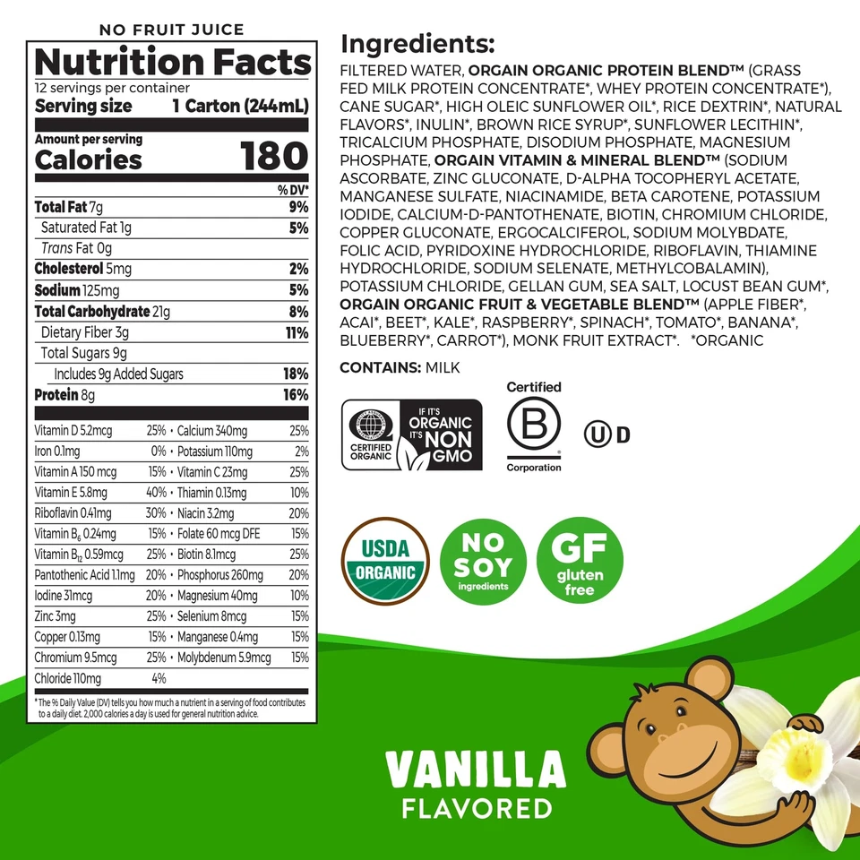 Batido nutricional Orgain Organic Kids Protein Vanilla paquete de 12 8,25 oz Foto 2 de 4