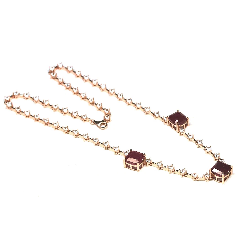 925 Sterling Silver 9 x 9 mm. Red Ruby & Zircon Necklace 17 in Rose Gold Coated - Image 4 of 4
