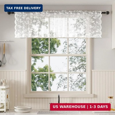 Rinwoc White Lace Semi-Sheer Kitchen Valance Curtains - Vintage Leaf Lace Tiers