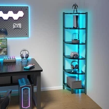 Corner Shelf with LED Lights, 6-Tier Corner Bookshelf, 66'' Organizer Book Sh...