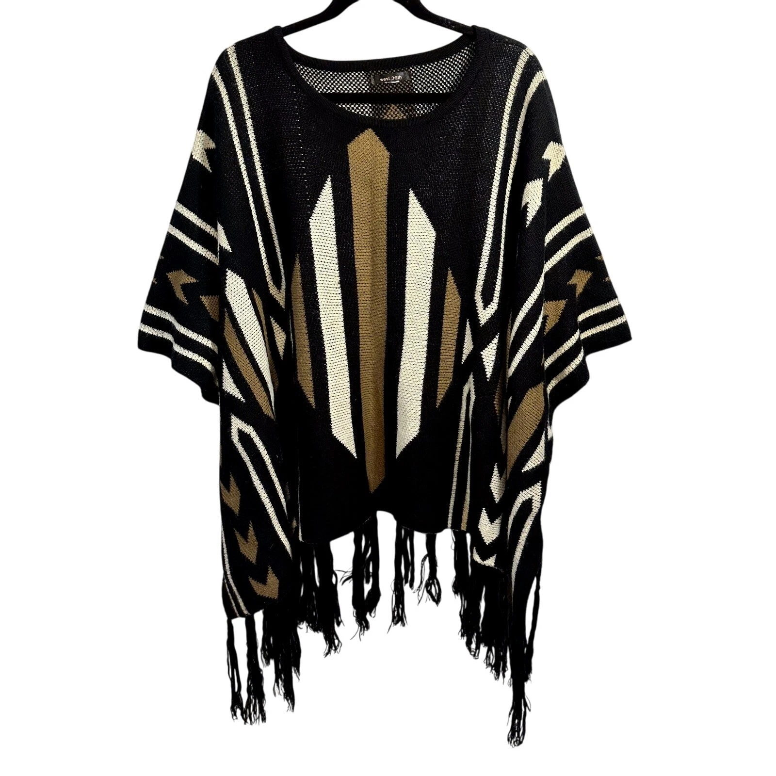 Boho Tribal Fringe Poncho Knit Southwest Festival Cape Hippie Western Ranchcore