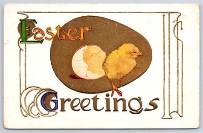 Easter Greetings chick hatching from egg illustration 1900s