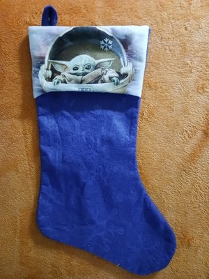 Star Wars The Mandalorian Baby Yoda Christmas Stocking Blue Green Snowflake EUC