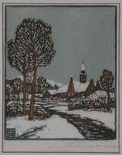 Farbholzschnitt Carl Thiemann 1881-1966 Maschinendruck Dachau Landschaft Winter