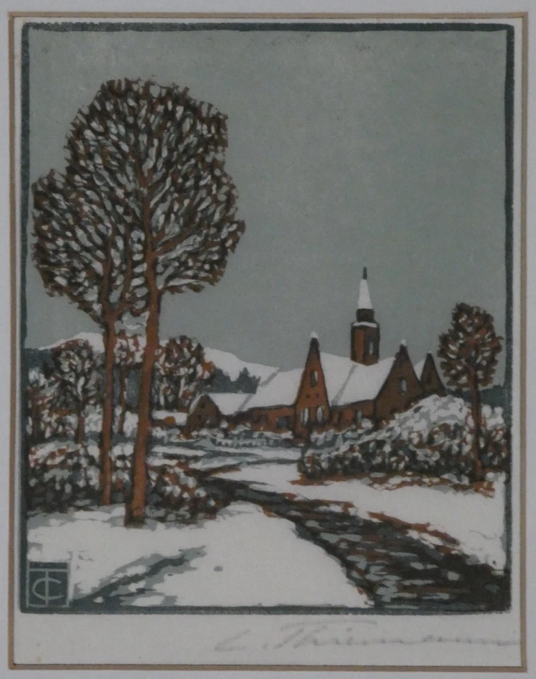 Farbholzschnitt Carl Thiemann 1881-1966 Maschinendruck Dachau Landschaft Winter