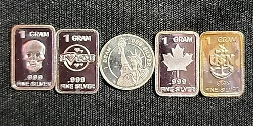 5 x 1 Gram .999 Fine Silver Bars and Round Lot Assorted Designs. Unique & Fun:)