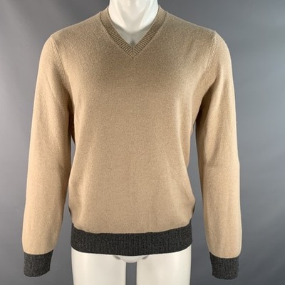 Brunello Cucinelli Größe M Khaki Grau Farbblock Cashmere V-Ausschnitt Pullover