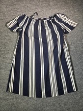 New Look Women Mini Dress Sz M Navy White Striped Off Shoulder Classic Sun Dress