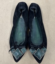 Miu Miu Womens Ballet Flat Shoes Pointed Toe Embellished Leather Size 37 Italy