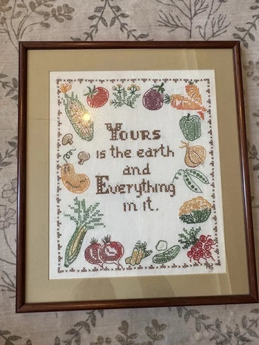 VTG 'Yours is the Earth and Everything In It' Framed Needlepoint Cross Stitch