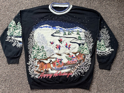 VKC 1992 Embroidered Christmas Sweatshirt Black Winter Sleigh Scene Unisex M