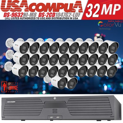 US Hikvision 32CH 32MP IP Security Camera System DS-2CD1047G2-LUF W/Audio Lot