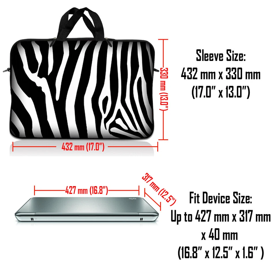 17.3” 17.4” Neopreno Laptop Notebook Funda Estuche Bolsa con Asa 16” Cebra Foto 4 de 4