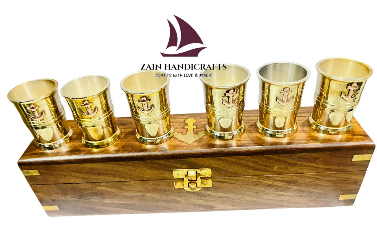 ZAIN Juego de 6 copas de vino latón ancla vasos de chupito de latón náutico c...