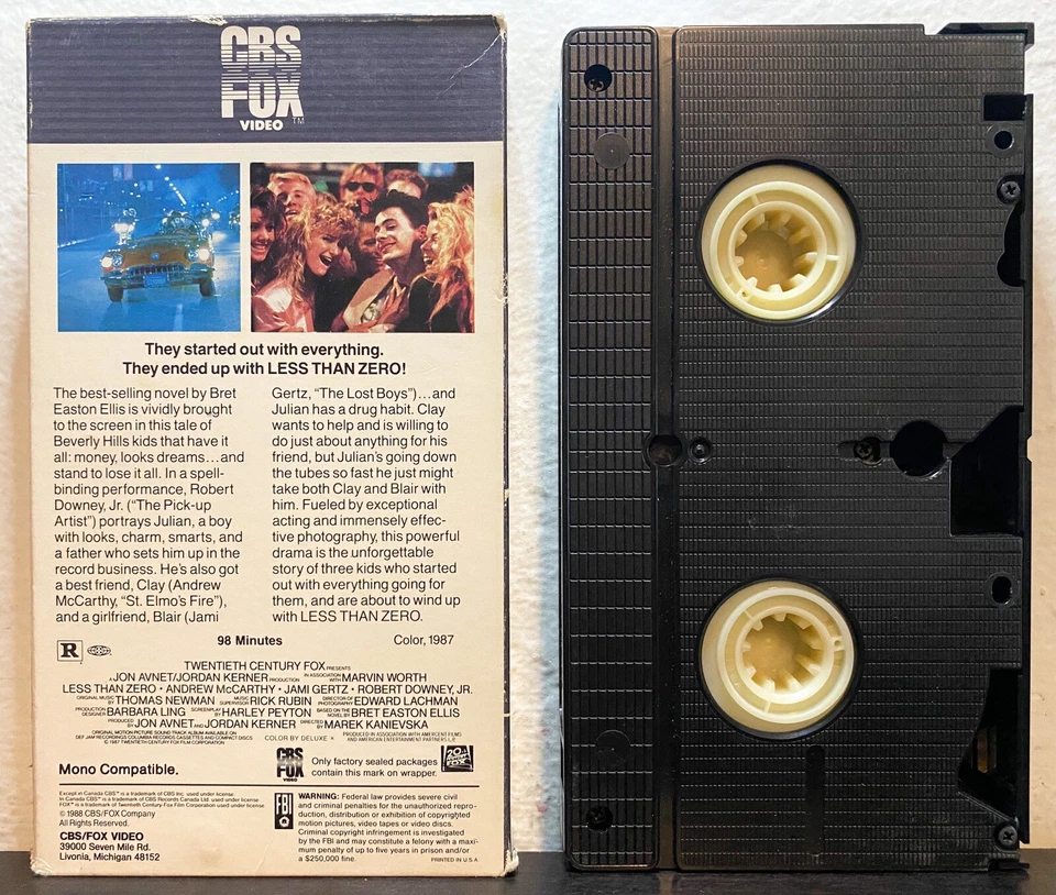 Less Than Zero VHS Tape (Robert Downey Jr., 1988) - Image 2 of 3