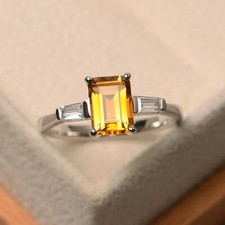 2ct Lab-Created Yellow Citrine Engagement Ring Three Stone White Gold Plated