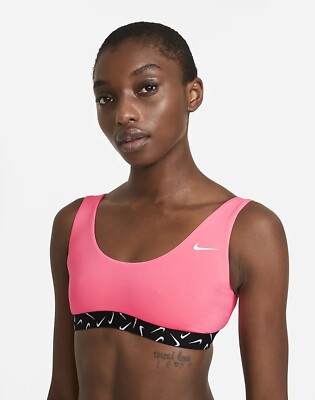 WOMENS NIKE SWIM SCOOP-NECK BIKINI TOP Logo Lined Swim Bikini PINK Size M  NEW