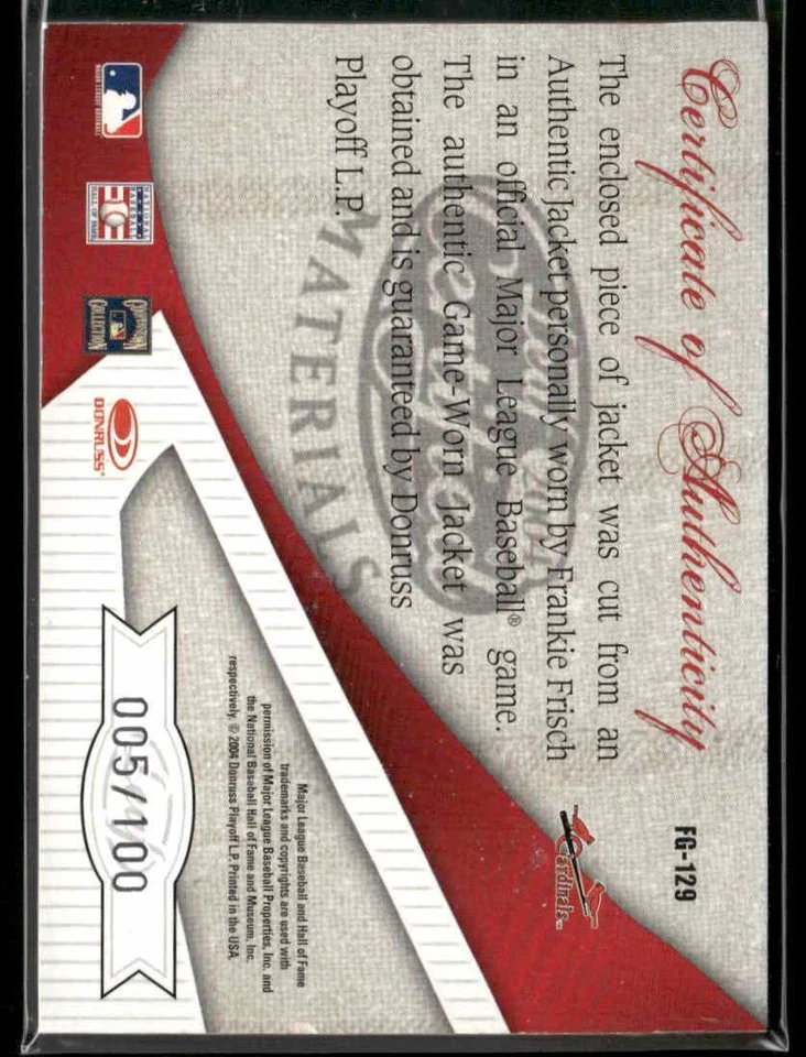 2004 Leaf Certified Materials Frankie Frisch Fabric of the Game Position #/100 - Image 2 of 2