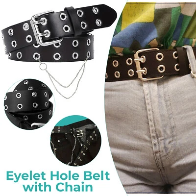 Damen Gürtel Goth Nieten Gürtel Mit Kette Dorn Schnalle PU Leder Schwarz - Bild 1 von 4