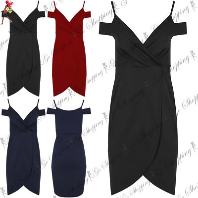 Ladies Womens Cold Cut Shoulder Wrap Over Asymmetric Strappy Midi Bodycon Dress