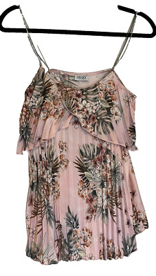 Liu Jo Milano Women's Floral Pleated Satin Blouse Rhinestone Straps Size 42