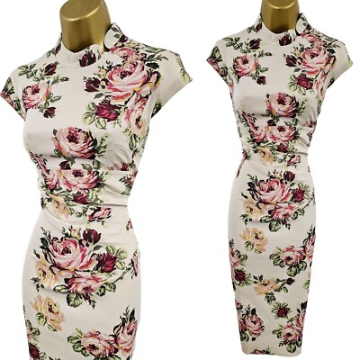 Karen Millen 8 UK Vintage Creme Rose Blumen Orientalisch Chinesisch Bleistiftkleid