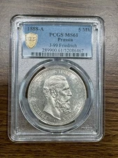 1888-A PRUSSIA Silver Coin 5 Mark Friedrich Frederick III PCGS Ms61 Luster