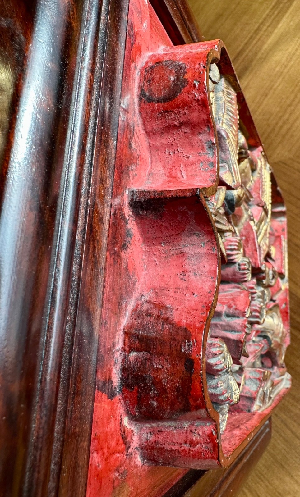 2 Antique Chinese Red & Gilt Wooden Deep Carved Panel Wood 19th Century