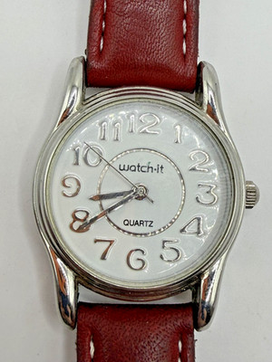 WATCH-IT QUARTZ WATCH SILVER TONE CASE JAPAN MOVT BURGUNDY LEATHER STRAP TESTED