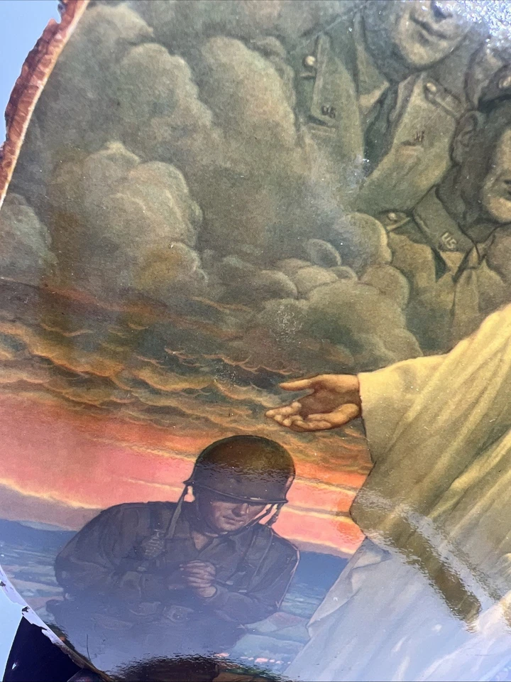 Vintage Rustic Live Wooden Bark-Edge Slab Wood Photo Jesus Soldier War Wall - Image 3 of 4