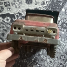 Vintage Tin Pressed Metal Toy Dump Truck, Red Cab w/ Blue Dump Bed