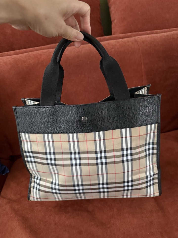 Burberry London Nova Check Plaid Canvas/Leather Top Handle Tote Snap Pockets