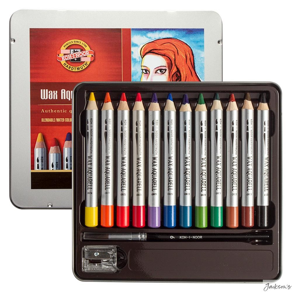 Koh-I-Noor Wax Watercolour Pencils Wooden 12 Tin Set For Aquarelle Art