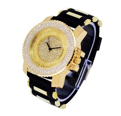 Techno Pave Watch Gold Tone Rhinestone Roman Numeral Black Rubber Band Bling 