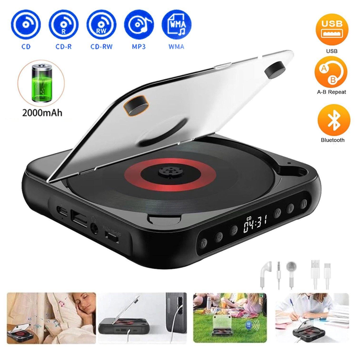 Portable CD Player, Personal Walkman Home with Bluetooth For