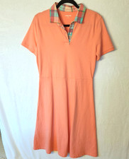 Lands End Women's Med TALL Polo Dress Peach & Plaid Cotton Preppy Knee Length