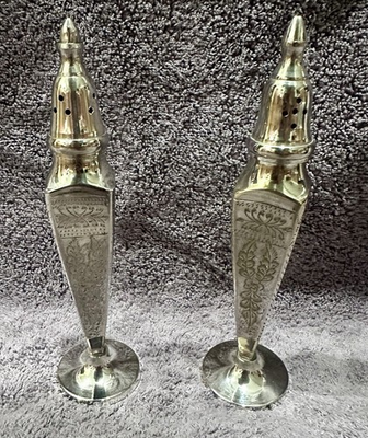 #ad Tall Pair Of MCM International Silver Etched Crystal Salt amp; Pepper Shakers $49.00