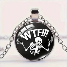 'Grumpy Skull' WTF Design Round Glass Pendant Necklace