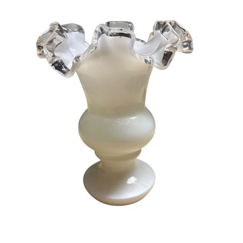 Vintage Fenton White Milk Glass Silver Crest Ruffled Footed Vase 7”
