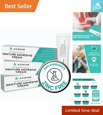 12 Hour Hold Zinc-Free Denture Glue - Mint Flavor, 3 Pack, Easy Apply Nozzle