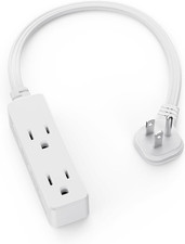 Flat Plug Extension Cord with 3 Outlets - 1 Ft White Low Profile Indoor 3 Prong