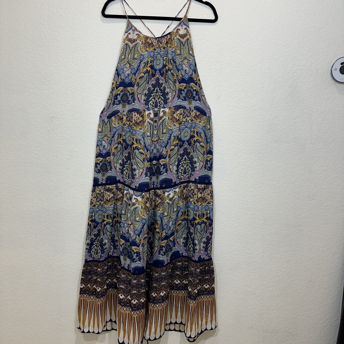 Floral Silk Paisley Print Tiered Lace Maxi Dress Strap Boho Medium