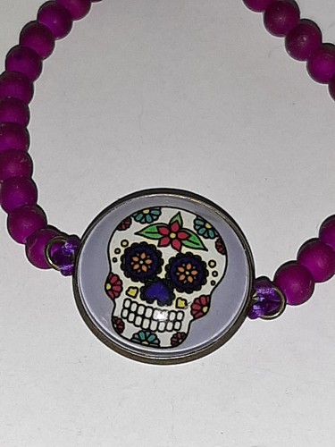 Bracelet vintage Day of the Dead Sugar Skull perles réglables violet - Photo 1 sur 6