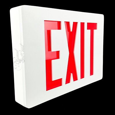 LITHONIA EXIT SIGN W/BATTERY BACKUP, LE S W 1 R EL N, WHITE HOUSING, RED LETTERS