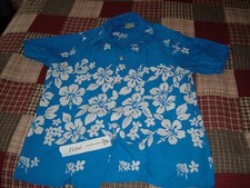 Vintage Mens 60's 70's Hawaiian Shirt Print COTTON CAMP Collar BLUE FLOWER WHITE