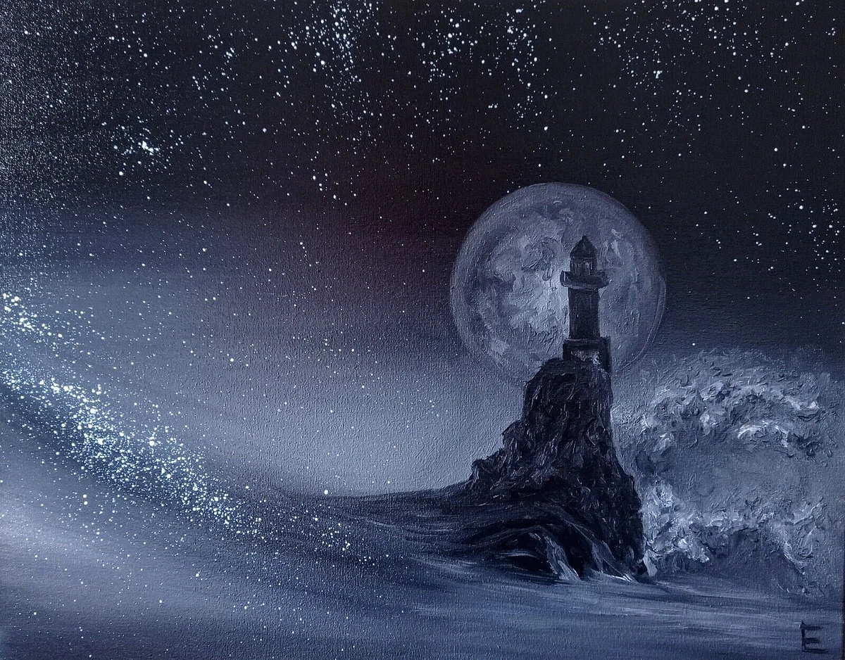 Original Painting Moon Night Stars Sea Black White Art Landscape