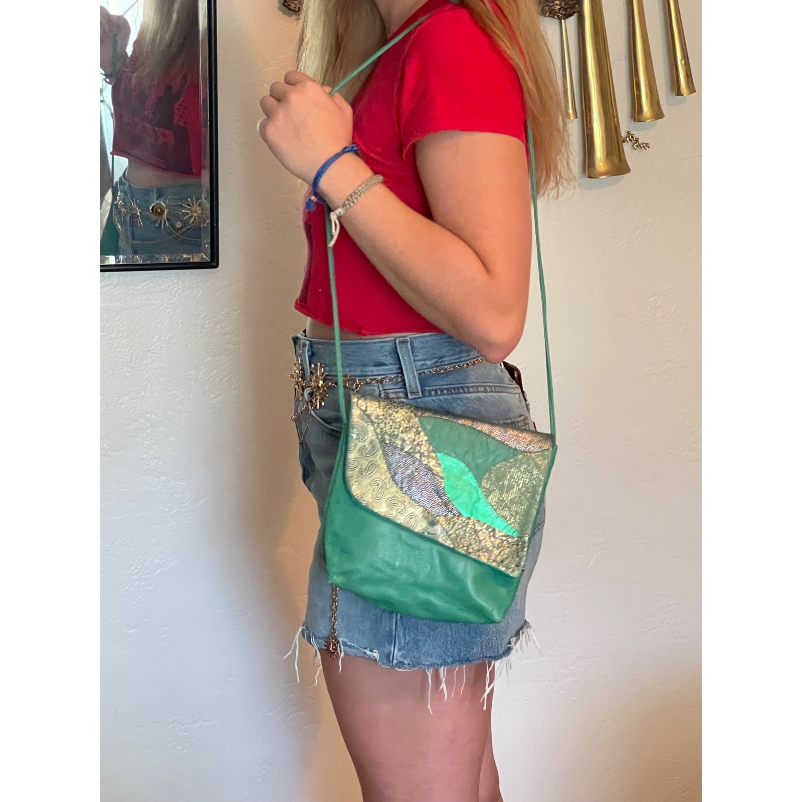 Authentic 80’s Green & Purple Patchwork Leather S… - image 1