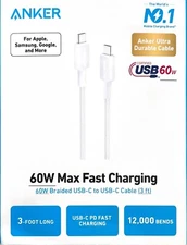 Anker 3' 60W Braided USB-C to USB-C Max Fast Charging Cable - White
