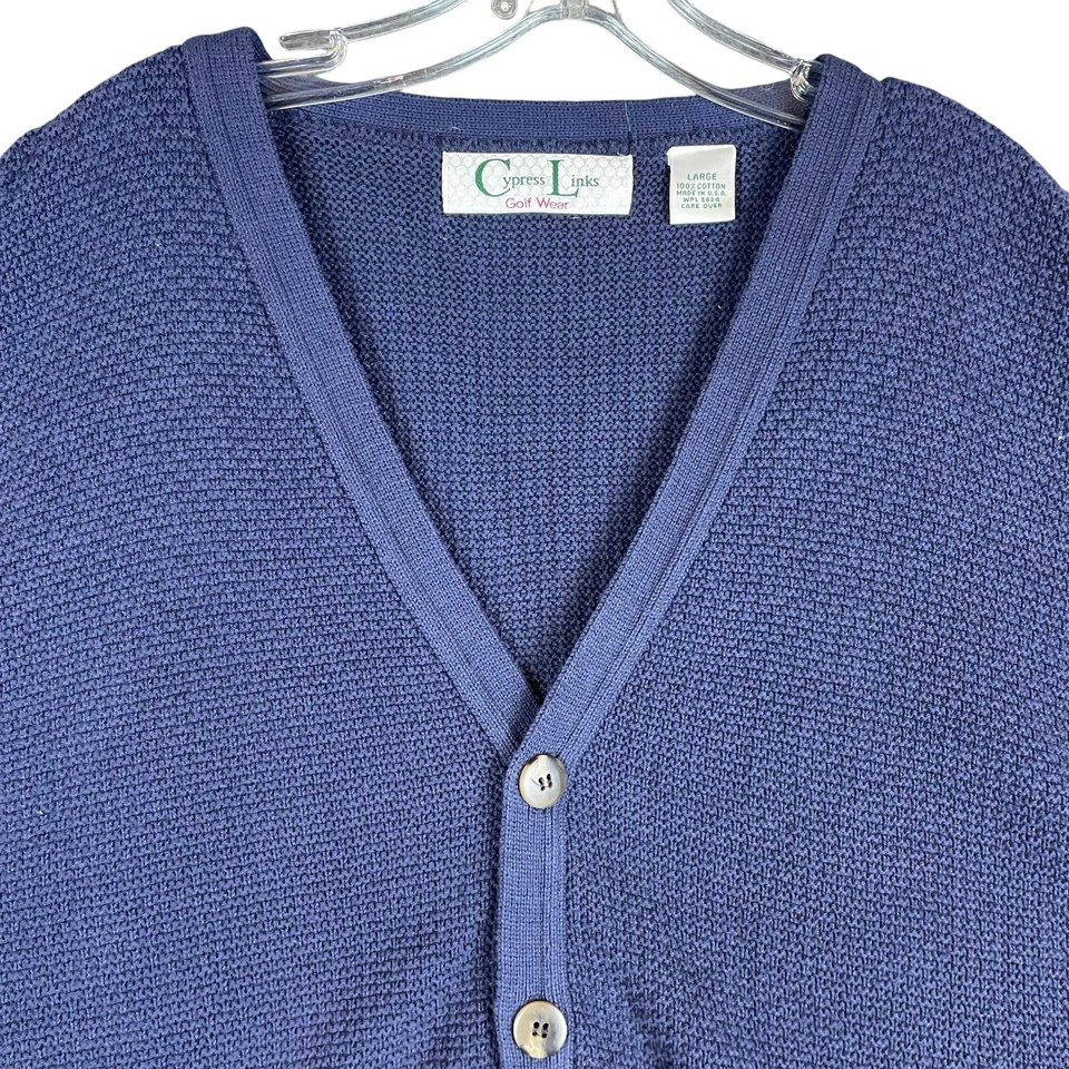 Cárdigan Suéter Vintage Años 90 Eslabones Ciprés Para Hombre L Azul Marino Grueso Hecho en EE. UU. Foto 3 de 4